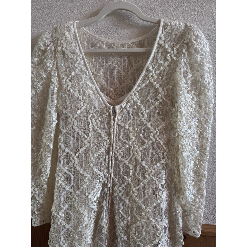 Vintage Pat Richards Cocktail Wedding Dress Ivory Lace Body Ruffled Hem *No Size - Picture 8 of 12
